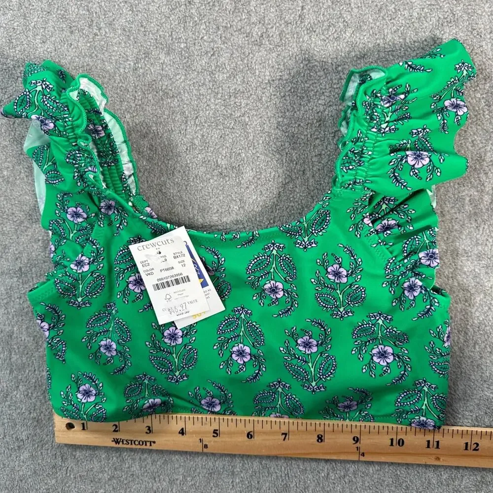 Crewcuts J.Crew Ruffle Strap Bikini Top Swimsuit Girls 12 New Green Floral BX172